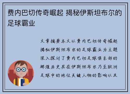 费内巴切传奇崛起 揭秘伊斯坦布尔的足球霸业